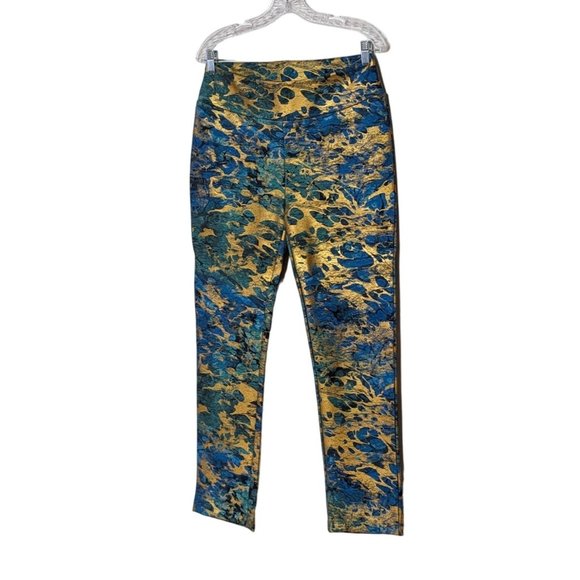 Soft Surroundings Florentine teal shimmer gold abstract print ankle pants small - Picture 4 of 7